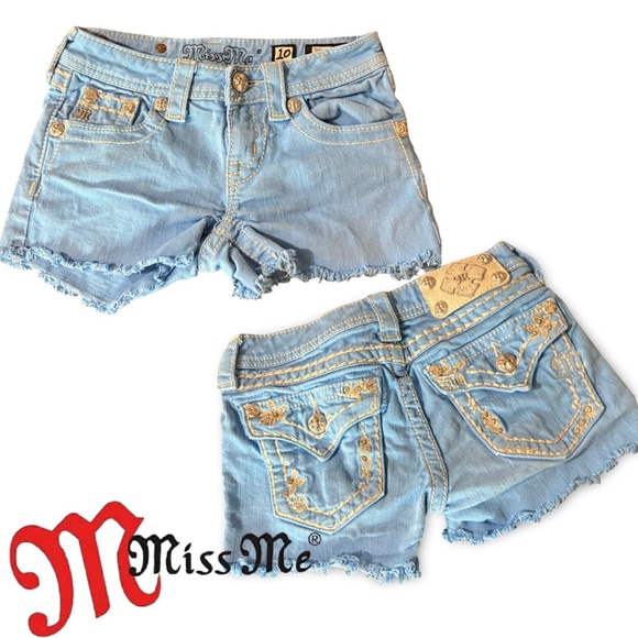Girls Miss Me Jeans Shorts Low Rise Blue Floral Flap Denim Kids 10 - Picture 2 of 15